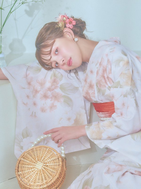 画像15: 【即日発送！】クリームイエロー×オレンジ紫陽花浴衣  【浴衣３点セット 浴衣/帯/下駄】[YMT] (15)