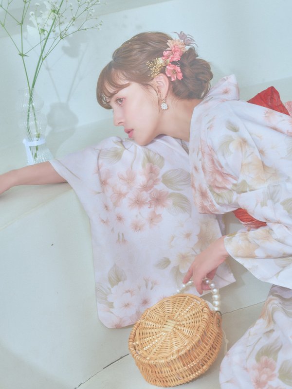 画像17: 【即日発送！】クリームイエロー×オレンジ紫陽花浴衣  【浴衣３点セット 浴衣/帯/下駄】[YMT] (17)