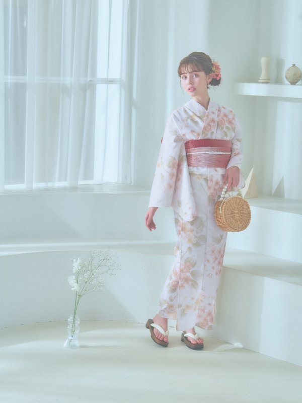 画像18: 【即日発送！】クリームイエロー×オレンジ紫陽花浴衣  【浴衣３点セット 浴衣/帯/下駄】[YMT] (18)