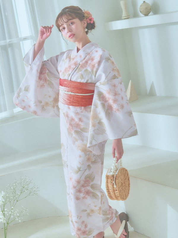 画像2: 【即日発送！】クリームイエロー×オレンジ紫陽花浴衣  【浴衣３点セット 浴衣/帯/下駄】[YMT] (2)