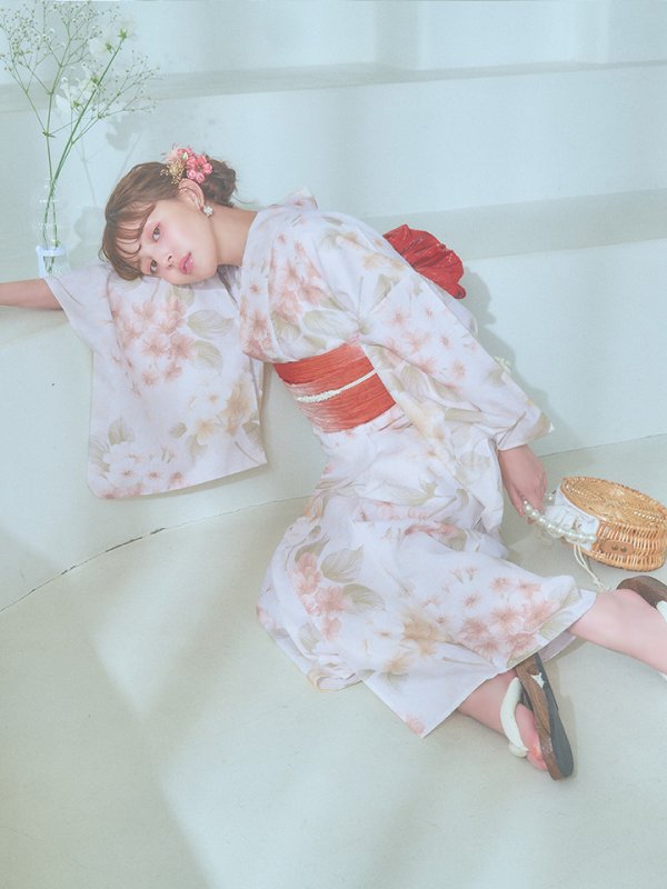 画像21: 【即日発送！】クリームイエロー×オレンジ紫陽花浴衣  【浴衣３点セット 浴衣/帯/下駄】[YMT] (21)