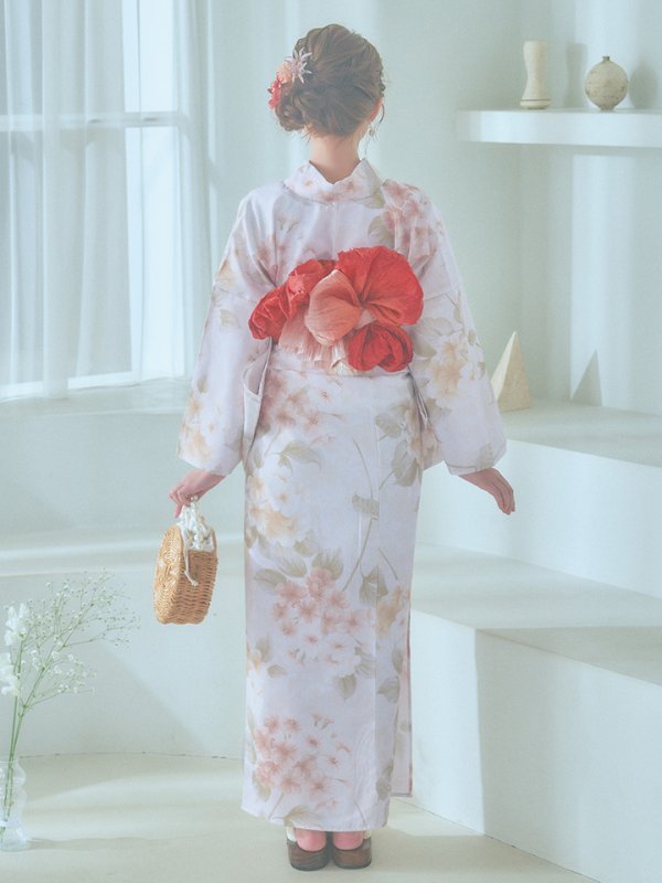 画像22: 【即日発送！】クリームイエロー×オレンジ紫陽花浴衣  【浴衣３点セット 浴衣/帯/下駄】[YMT] (22)