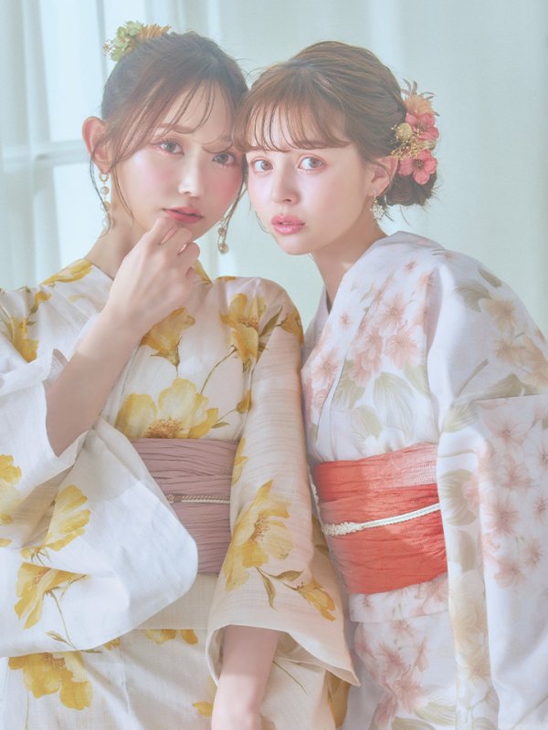 画像25: 【即日発送！】クリームイエロー×オレンジ紫陽花浴衣  【浴衣３点セット 浴衣/帯/下駄】[YMT] (25)