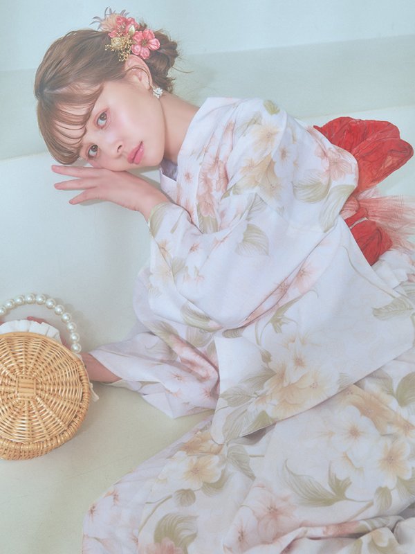 画像3: 【即日発送！】クリームイエロー×オレンジ紫陽花浴衣  【浴衣３点セット 浴衣/帯/下駄】[YMT] (3)