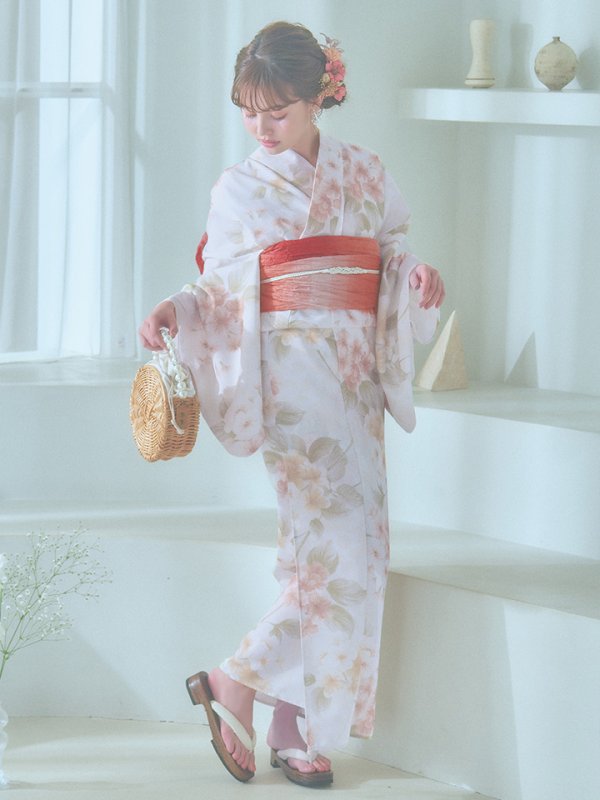 画像4: 【即日発送！】クリームイエロー×オレンジ紫陽花浴衣  【浴衣３点セット 浴衣/帯/下駄】[YMT] (4)