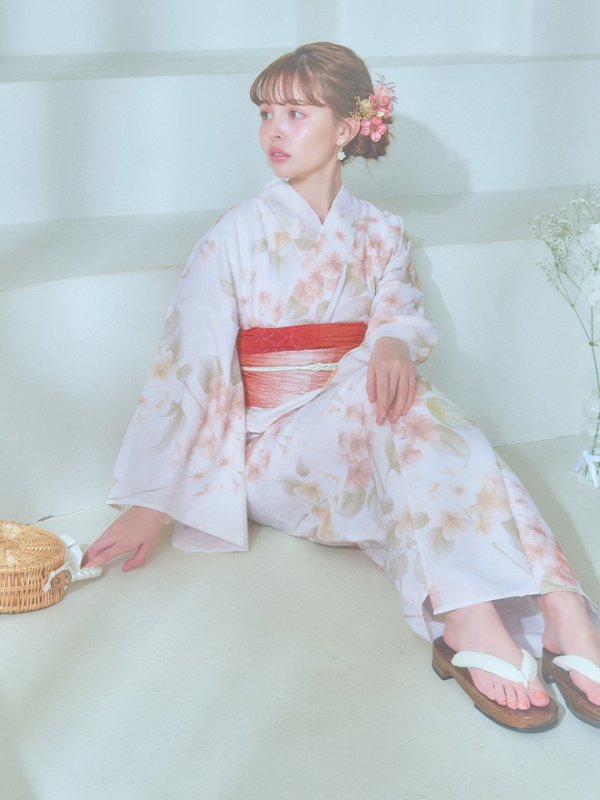 画像5: 【即日発送！】クリームイエロー×オレンジ紫陽花浴衣  【浴衣３点セット 浴衣/帯/下駄】[YMT] (5)