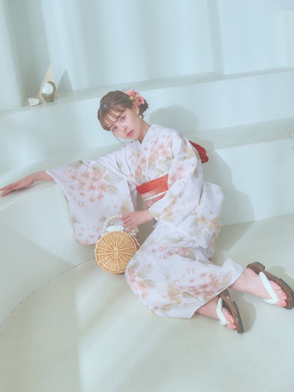 画像7: 【即日発送！】クリームイエロー×オレンジ紫陽花浴衣  【浴衣３点セット 浴衣/帯/下駄】[YMT] (7)