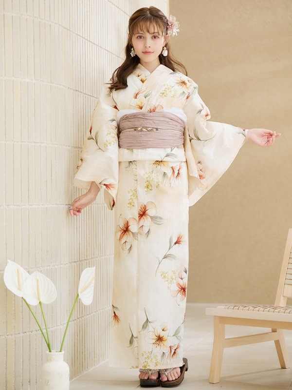 画像4: 【即日発送】アイボリーフラワー浴衣  【浴衣３点セット 浴衣/帯/下駄】[OF04] (4)