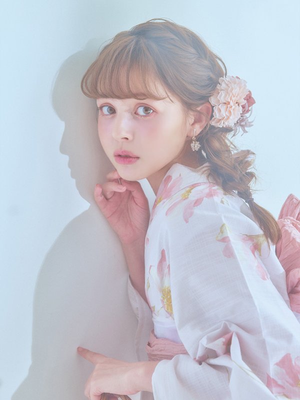 画像2: 【即日発送】水彩ピンクフラワー浴衣  【浴衣３点セット 浴衣/帯/下駄】[YMT] (2)