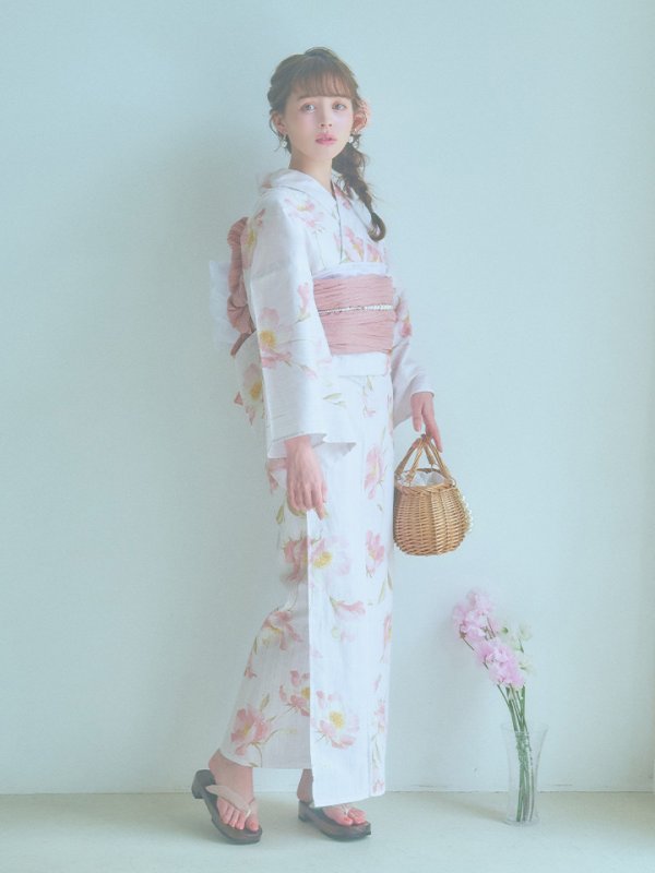 画像4: 【即日発送】水彩ピンクフラワー浴衣  【浴衣３点セット 浴衣/帯/下駄】[YMT] (4)