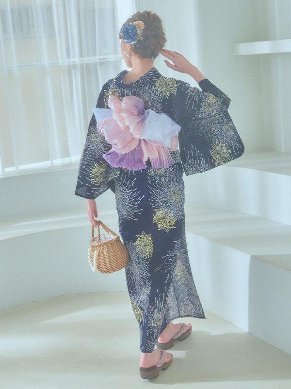 画像16: 【即日発送！】夜空×花火キラキラ浴衣  【浴衣３点セット 浴衣/帯/下駄】[OF04] (16)