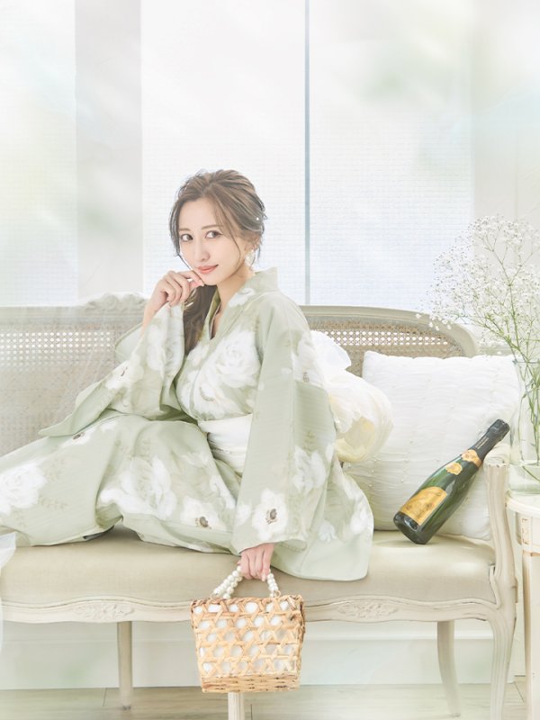 画像11: 【即日発送】くすみグリーン×ホワイトフラワー浴衣  【浴衣３点セット 浴衣/帯/下駄】[YMT] (11)