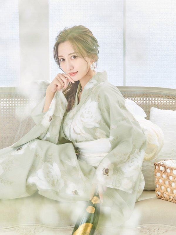 画像13: 【即日発送】くすみグリーン×ホワイトフラワー浴衣  【浴衣３点セット 浴衣/帯/下駄】[YMT] (13)