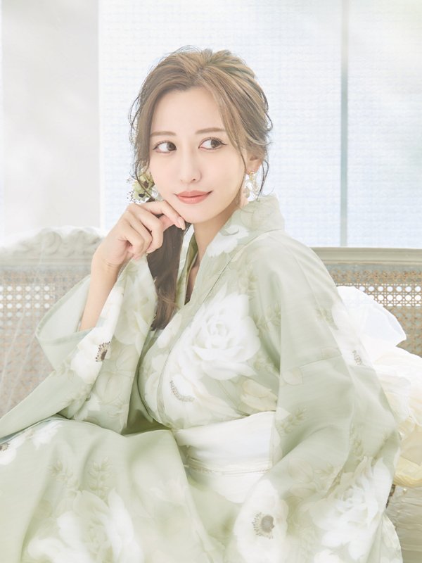 画像14: 【即日発送】くすみグリーン×ホワイトフラワー浴衣  【浴衣３点セット 浴衣/帯/下駄】[YMT] (14)