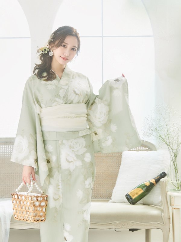 画像17: 【即日発送】くすみグリーン×ホワイトフラワー浴衣  【浴衣３点セット 浴衣/帯/下駄】[YMT] (17)