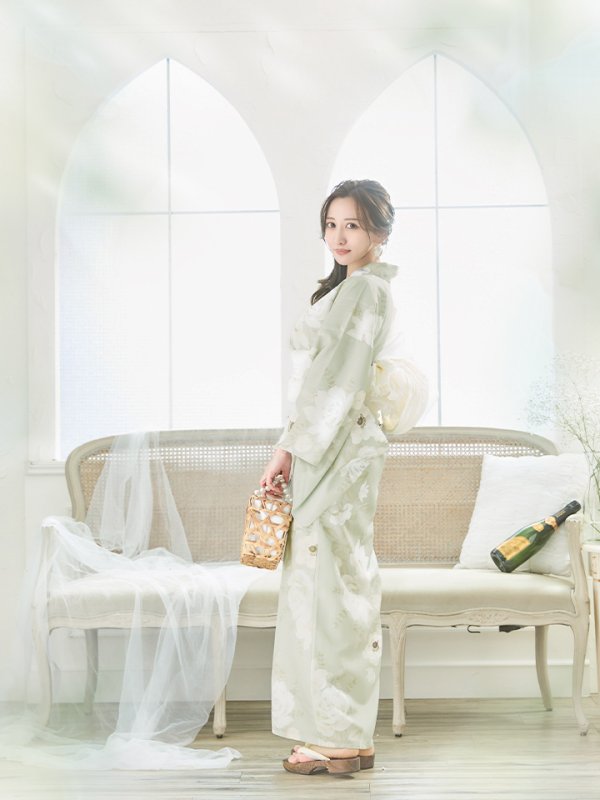 画像18: 【即日発送】くすみグリーン×ホワイトフラワー浴衣  【浴衣３点セット 浴衣/帯/下駄】[YMT] (18)