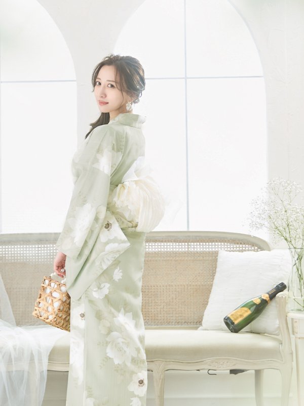 画像19: 【即日発送】くすみグリーン×ホワイトフラワー浴衣  【浴衣３点セット 浴衣/帯/下駄】[YMT] (19)