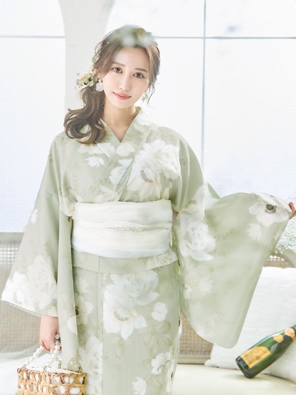 画像20: 【即日発送】くすみグリーン×ホワイトフラワー浴衣  【浴衣３点セット 浴衣/帯/下駄】[YMT] (20)