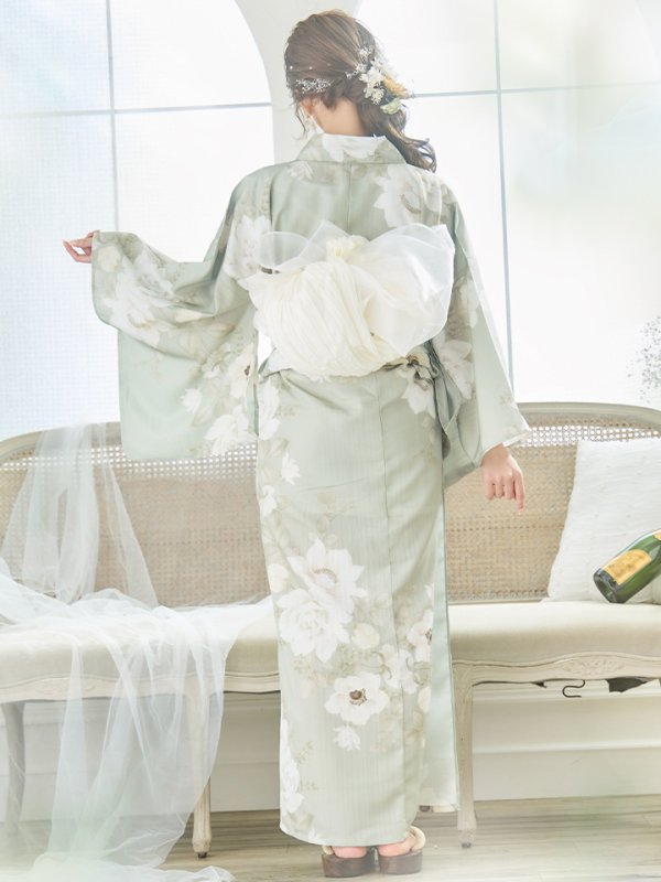 画像24: 【即日発送】くすみグリーン×ホワイトフラワー浴衣  【浴衣３点セット 浴衣/帯/下駄】[YMT] (24)