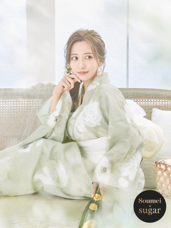 画像3: 【即日発送】くすみグリーン×ホワイトフラワー浴衣  【浴衣３点セット 浴衣/帯/下駄】[YMT] (3)