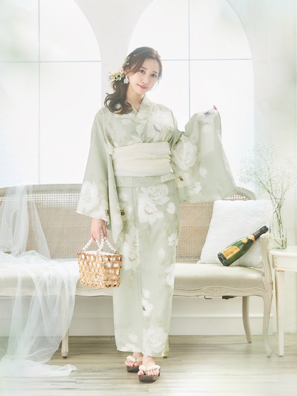 画像4: 【即日発送】くすみグリーン×ホワイトフラワー浴衣  【浴衣３点セット 浴衣/帯/下駄】[YMT] (4)