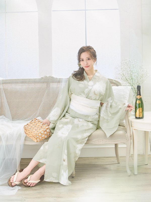 画像5: 【即日発送】くすみグリーン×ホワイトフラワー浴衣  【浴衣３点セット 浴衣/帯/下駄】[YMT] (5)