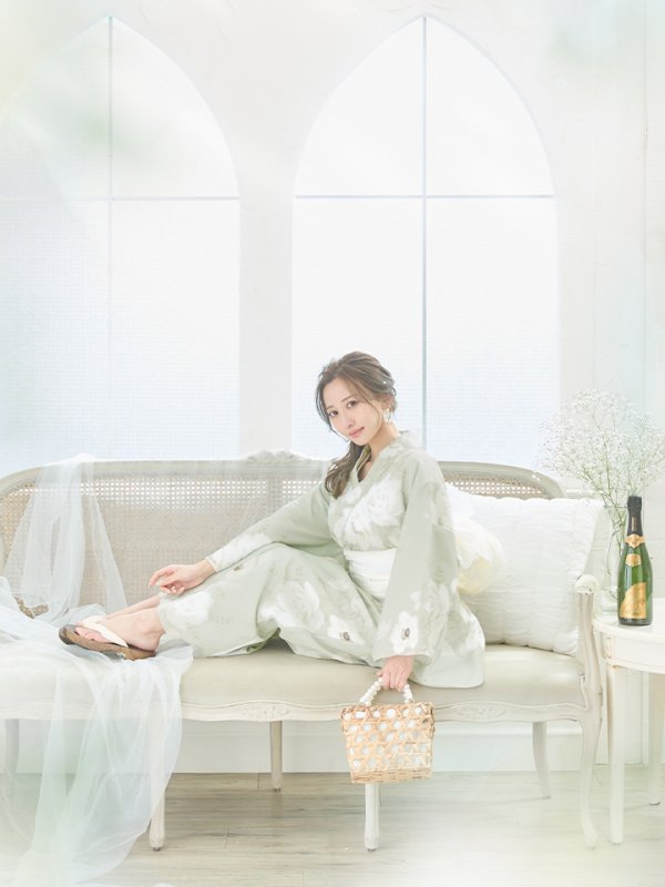 画像6: 【即日発送】くすみグリーン×ホワイトフラワー浴衣  【浴衣３点セット 浴衣/帯/下駄】[YMT] (6)