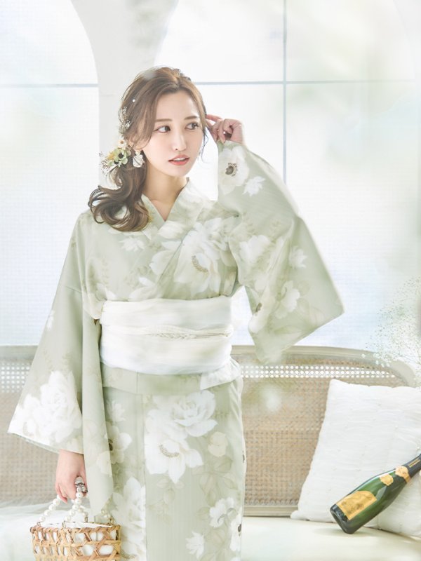 画像7: 【即日発送】くすみグリーン×ホワイトフラワー浴衣  【浴衣３点セット 浴衣/帯/下駄】[YMT] (7)