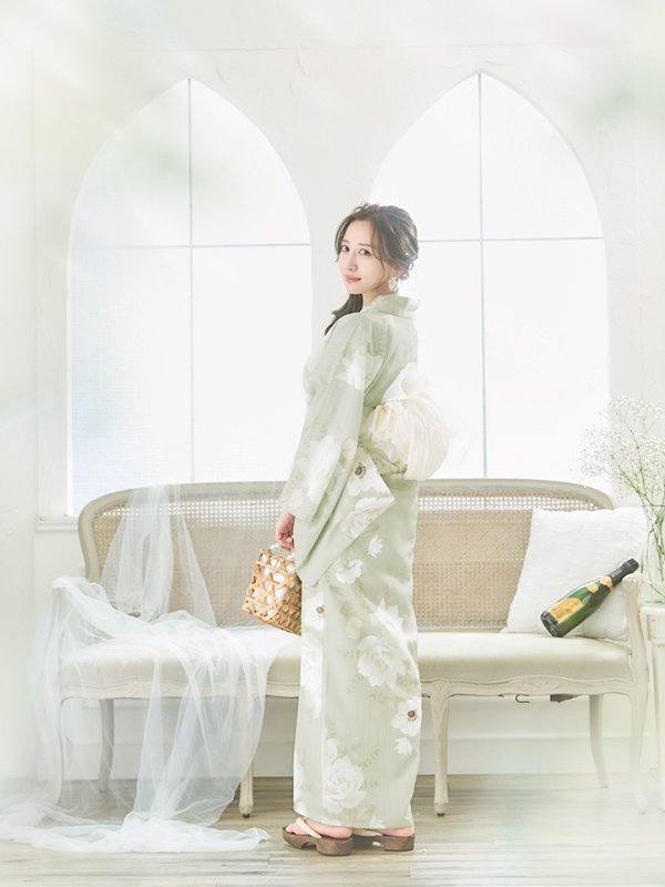 画像8: 【即日発送】くすみグリーン×ホワイトフラワー浴衣  【浴衣３点セット 浴衣/帯/下駄】[YMT] (8)