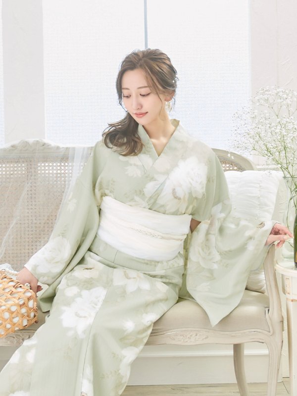 画像9: 【即日発送】くすみグリーン×ホワイトフラワー浴衣  【浴衣３点セット 浴衣/帯/下駄】[YMT] (9)