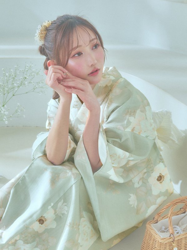 画像14: 【即日発送】くすみグリーン×ホワイトフラワー浴衣  【浴衣３点セット 浴衣/帯/下駄】[YMT] (14)