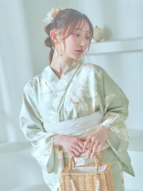 画像16: 【即日発送】くすみグリーン×ホワイトフラワー浴衣  【浴衣３点セット 浴衣/帯/下駄】[YMT] (16)