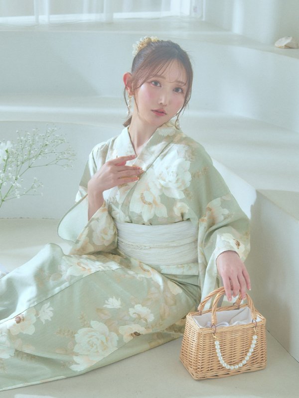 画像3: 【即日発送】くすみグリーン×ホワイトフラワー浴衣  【浴衣３点セット 浴衣/帯/下駄】[YMT] (3)