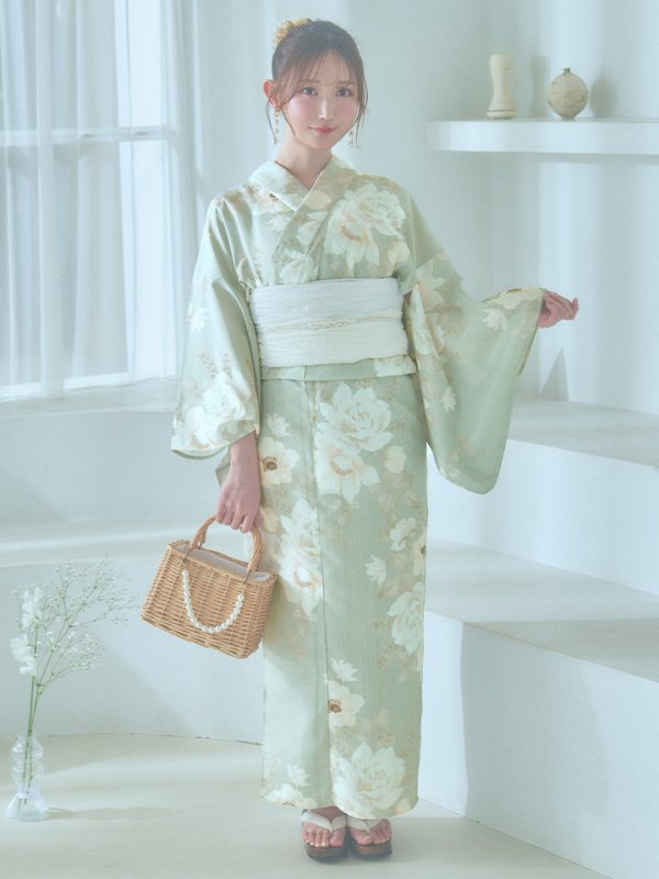 画像4: 【即日発送】くすみグリーン×ホワイトフラワー浴衣  【浴衣３点セット 浴衣/帯/下駄】[YMT] (4)