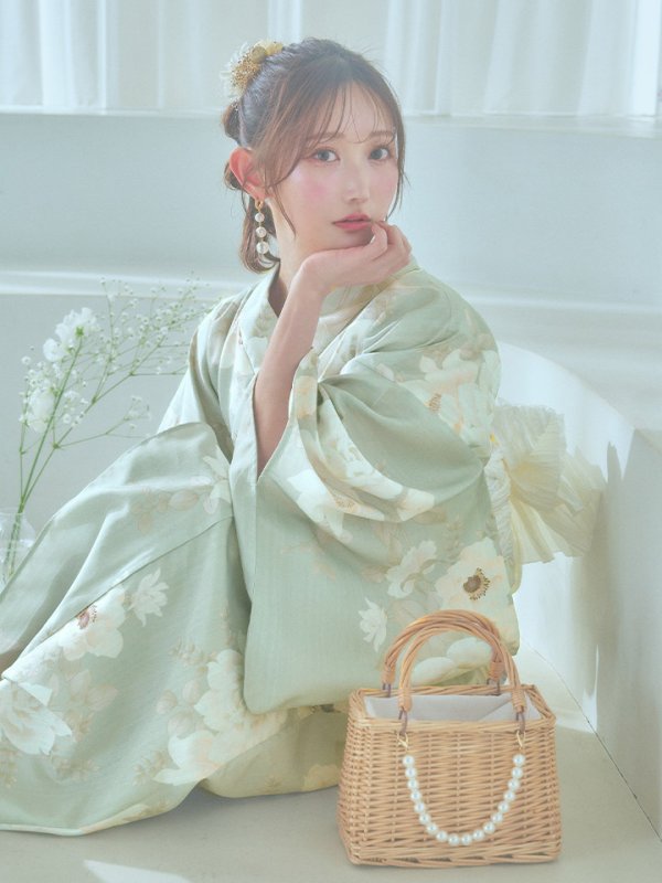 画像5: 【即日発送】くすみグリーン×ホワイトフラワー浴衣  【浴衣３点セット 浴衣/帯/下駄】[YMT] (5)