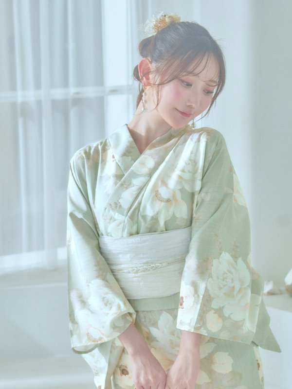 画像6: 【即日発送】くすみグリーン×ホワイトフラワー浴衣  【浴衣３点セット 浴衣/帯/下駄】[YMT] (6)