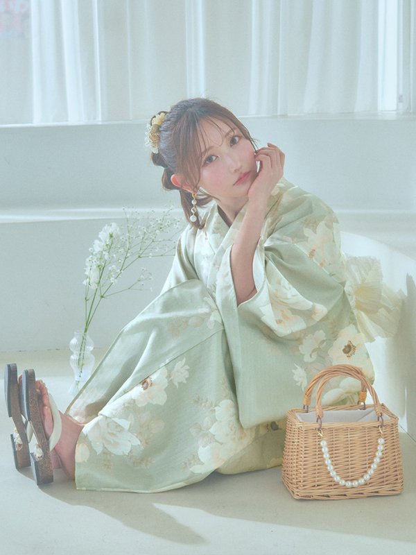画像7: 【即日発送】くすみグリーン×ホワイトフラワー浴衣  【浴衣３点セット 浴衣/帯/下駄】[YMT] (7)
