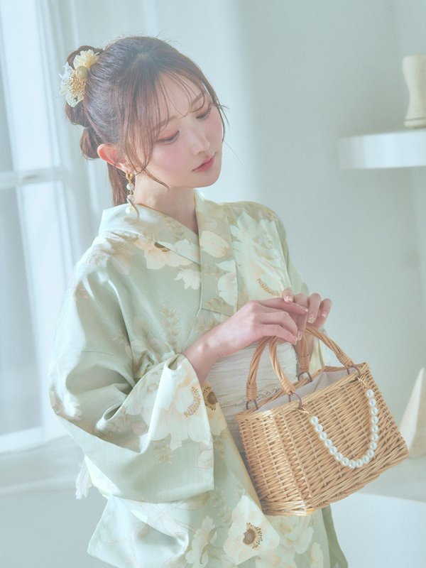 画像9: 【即日発送】くすみグリーン×ホワイトフラワー浴衣  【浴衣３点セット 浴衣/帯/下駄】[YMT] (9)
