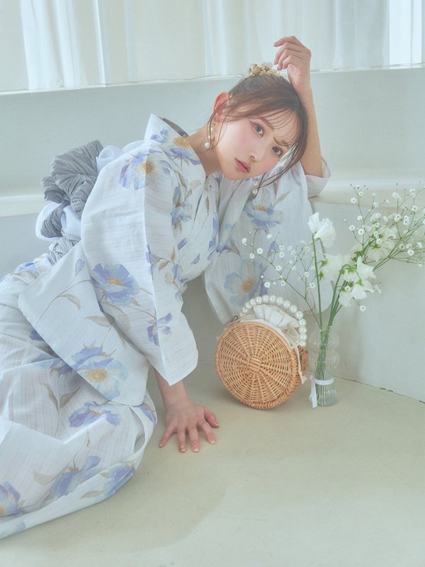 画像3: 【即日発送！】ホワイト×アイシーフラワー浴衣 OBI-siwa-202-ok-8-GY / HIMO-900-yn-4-GYxGY / HEKO-800-sb-5-W / YA-1027-wk-IV / GETA-02-ok-4-MOC[YMT] (3)