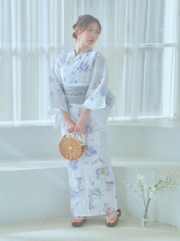 画像4: 【即日発送！】ホワイト×アイシーフラワー浴衣 OBI-siwa-202-ok-8-GY / HIMO-900-yn-4-GYxGY / HEKO-800-sb-5-W / YA-1027-wk-IV / GETA-02-ok-4-MOC[YMT] (4)