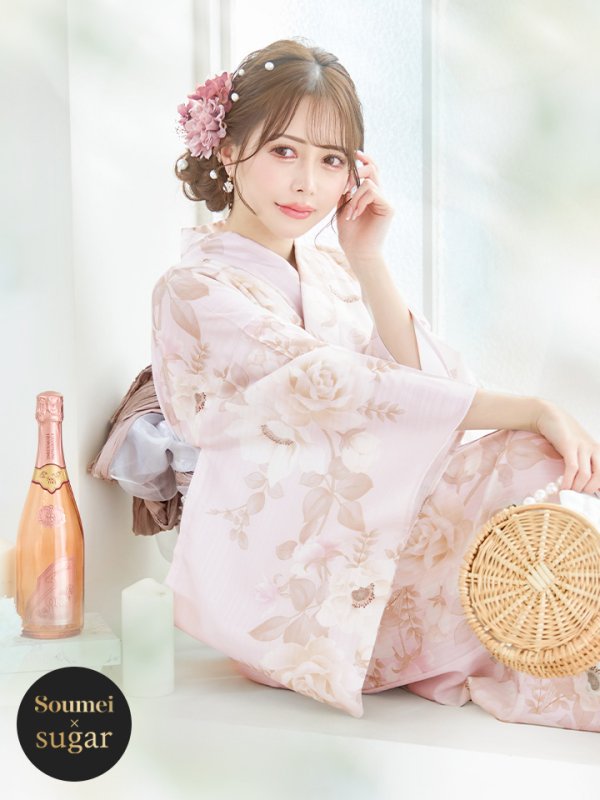 画像1: 【即日発送】ピンクベージュ×ホワイトローズ浴衣  【浴衣３点セット 浴衣/帯/下駄】[YMT] (1)