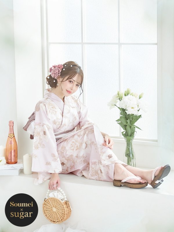 画像2: 【即日発送】ピンクベージュ×ホワイトローズ浴衣  【浴衣３点セット 浴衣/帯/下駄】[YMT] (2)