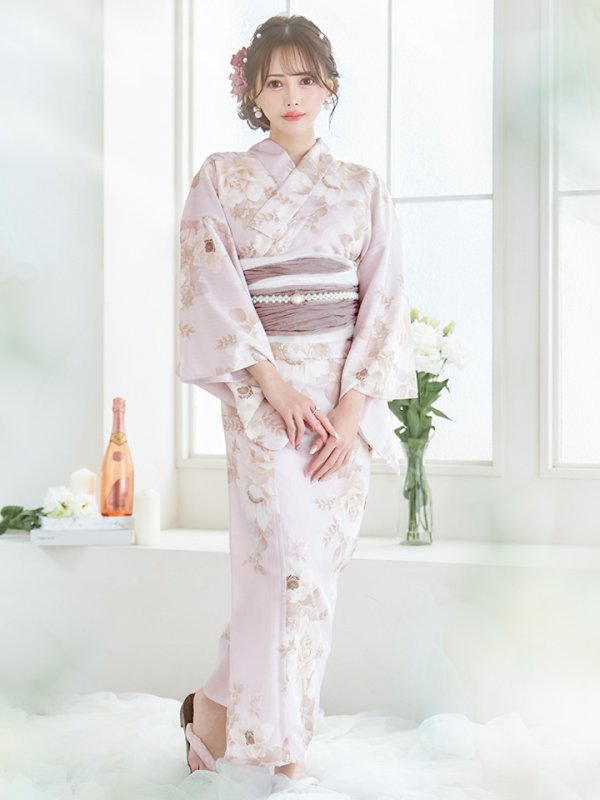 画像4: 【即日発送】ピンクベージュ×ホワイトローズ浴衣  【浴衣３点セット 浴衣/帯/下駄】[YMT] (4)