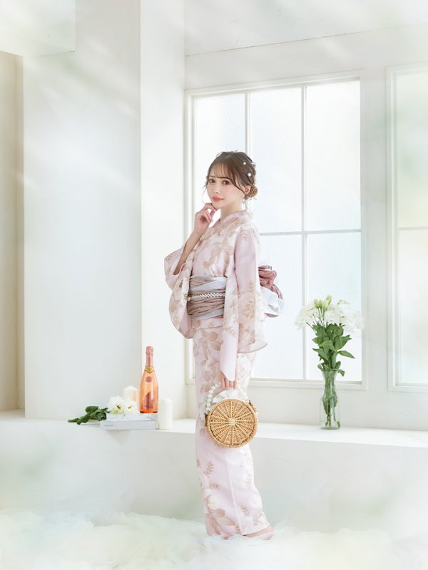 画像5: 【即日発送】ピンクベージュ×ホワイトローズ浴衣  【浴衣３点セット 浴衣/帯/下駄】[YMT] (5)