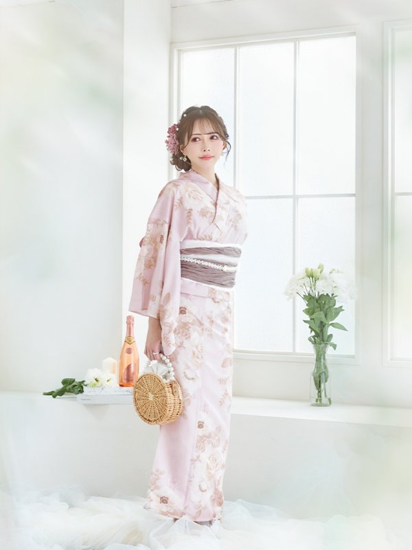 画像7: 【即日発送】ピンクベージュ×ホワイトローズ浴衣  【浴衣３点セット 浴衣/帯/下駄】[YMT] (7)