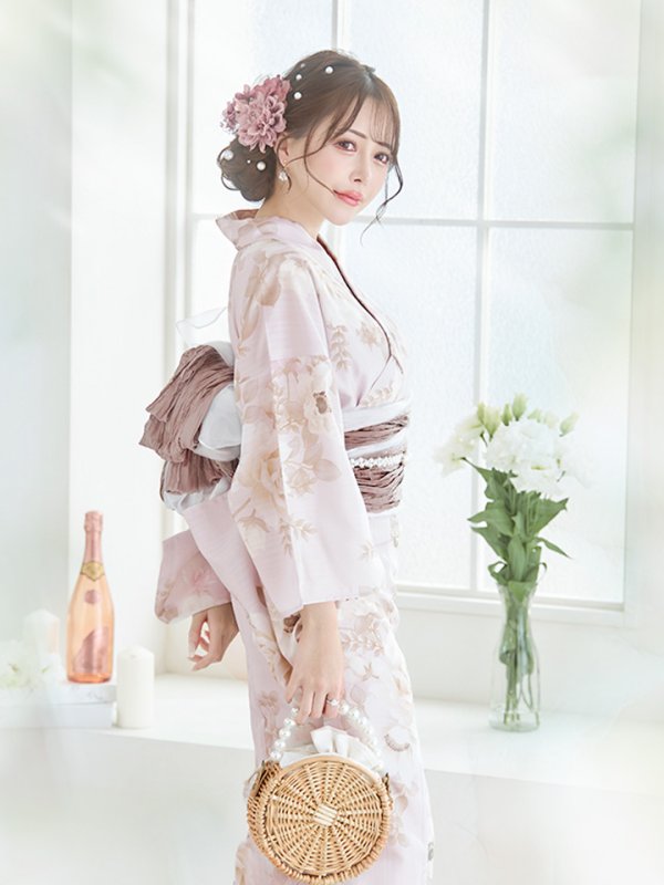 画像9: 【即日発送】ピンクベージュ×ホワイトローズ浴衣  【浴衣３点セット 浴衣/帯/下駄】[YMT] (9)