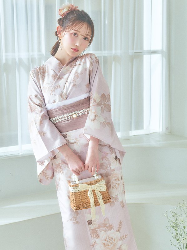 画像5: 【即日発送】ピンクベージュ×ホワイトローズ浴衣  【浴衣３点セット 浴衣/帯/下駄】[YMT] (5)