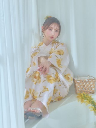 浴衣3点セット◆水彩花柄浴衣✖️リバーシブル半幅帯✖️腰紐 KIMONOMACHI 浴衣3点セット（浴衣+帯+下駄） 「浴衣 レトロ