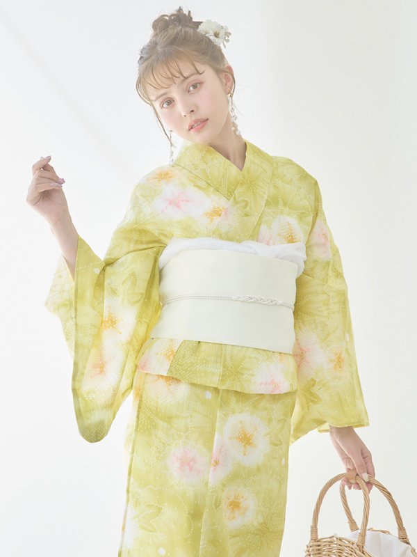 画像10: 【即日発送】イエローグリーン絞り柄浴衣  【浴衣３点セット 浴衣/帯/下駄】[YMT] (10)