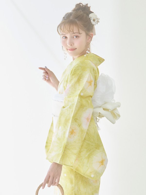 画像11: 【即日発送】イエローグリーン絞り柄浴衣  【浴衣３点セット 浴衣/帯/下駄】[YMT] (11)